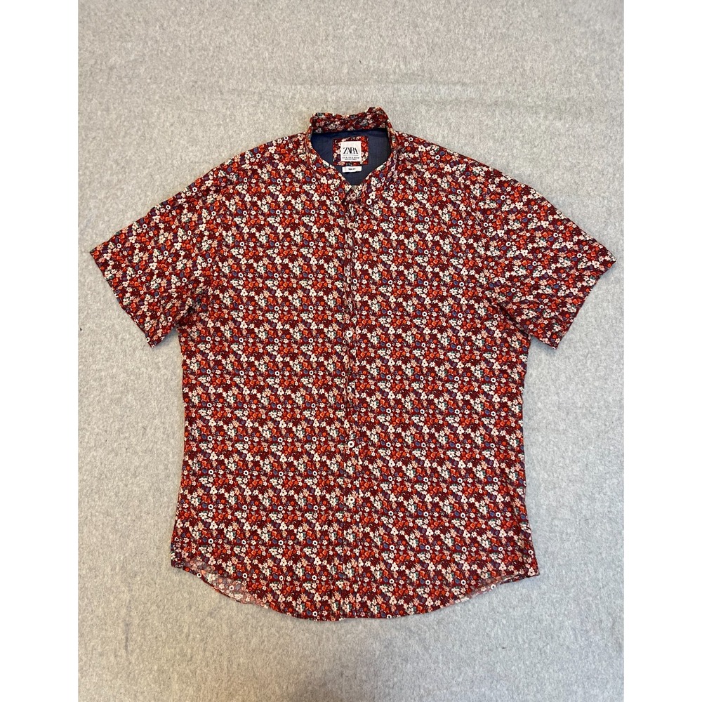 Zara Slim Fit Button‎ Down Shirt Men's XL Red Floral Boho Casual Summer Beach